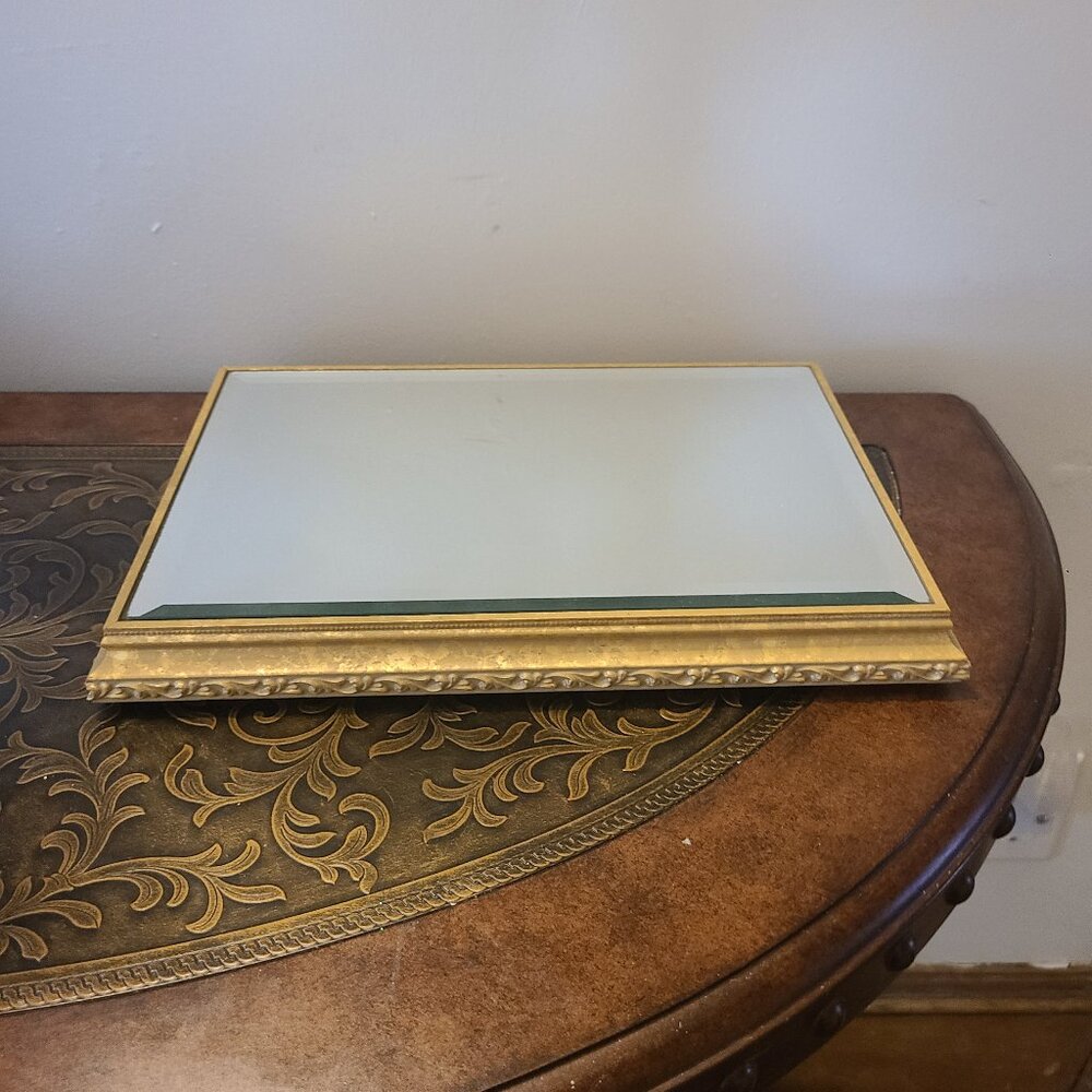 Beveled Mirrored Glass Dresser Tray Gold Wood Base Rectangle Estate Treasure